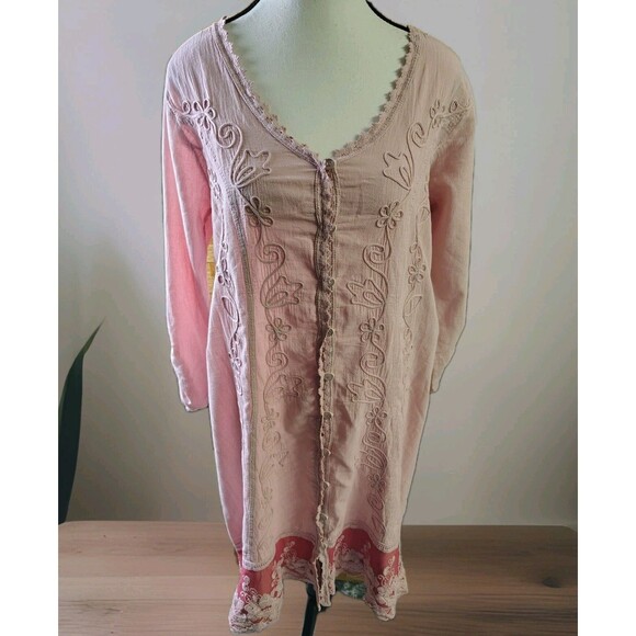 Soft Surroundings Dress Size M Pink Hi-Low Buttons Embroidery Midi Cotton - Picture 1 of 14